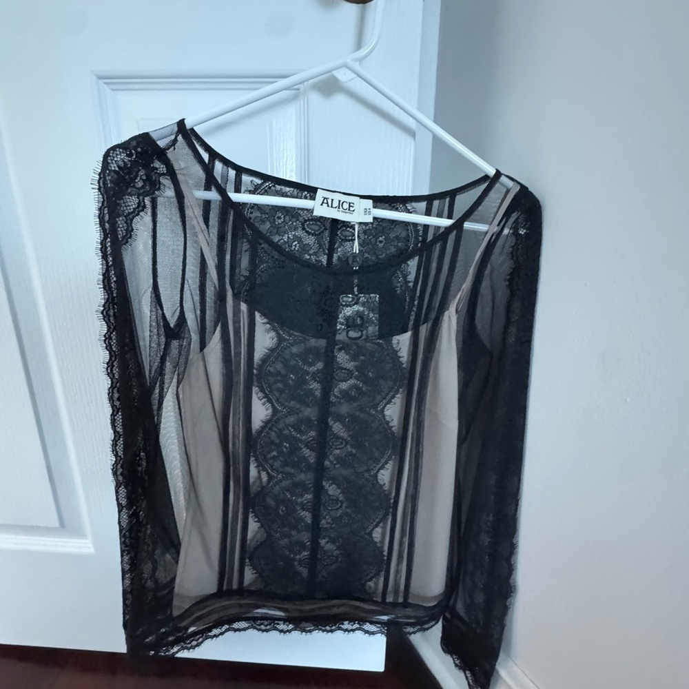 Black Sheer Lace Long Sleeve Top with Tan Cami
